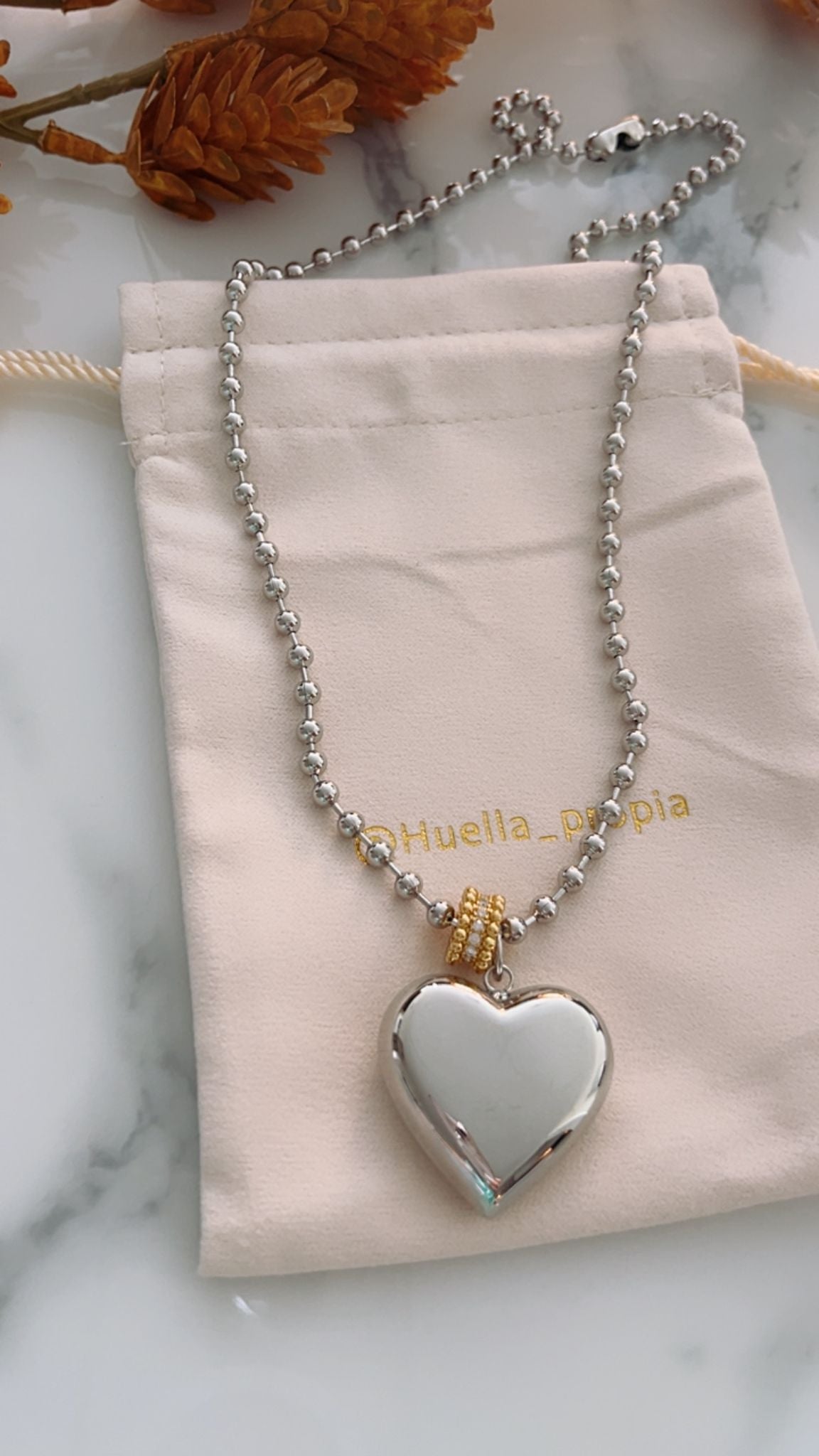 Collares corazón plata Con broche gota