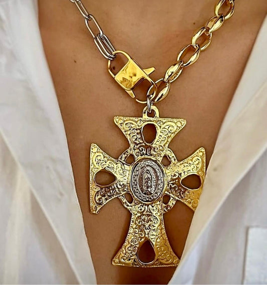 Cadena dos tonos Cruz grande Guadalupe