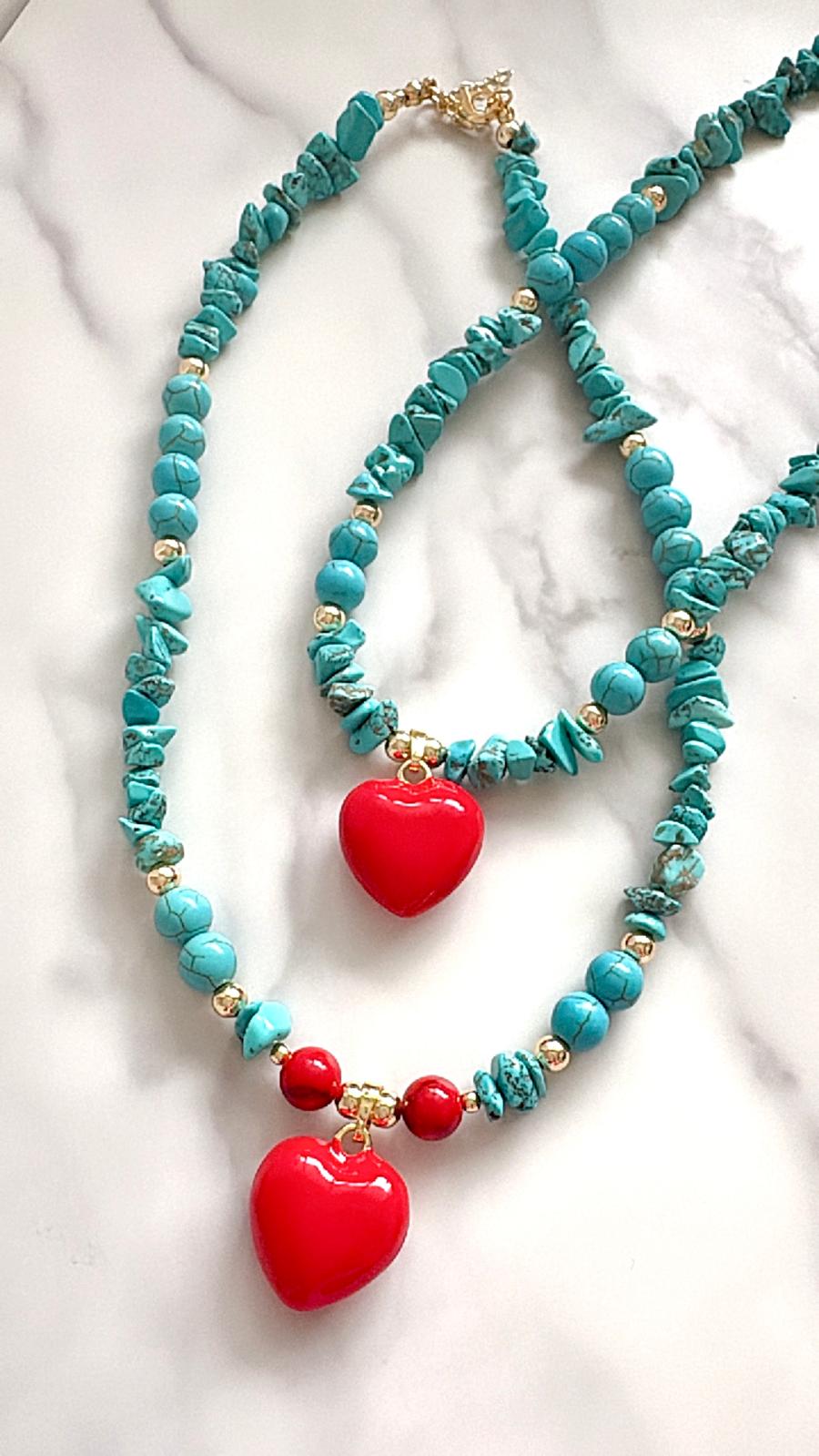Collares Turquesa corazon Rojo
