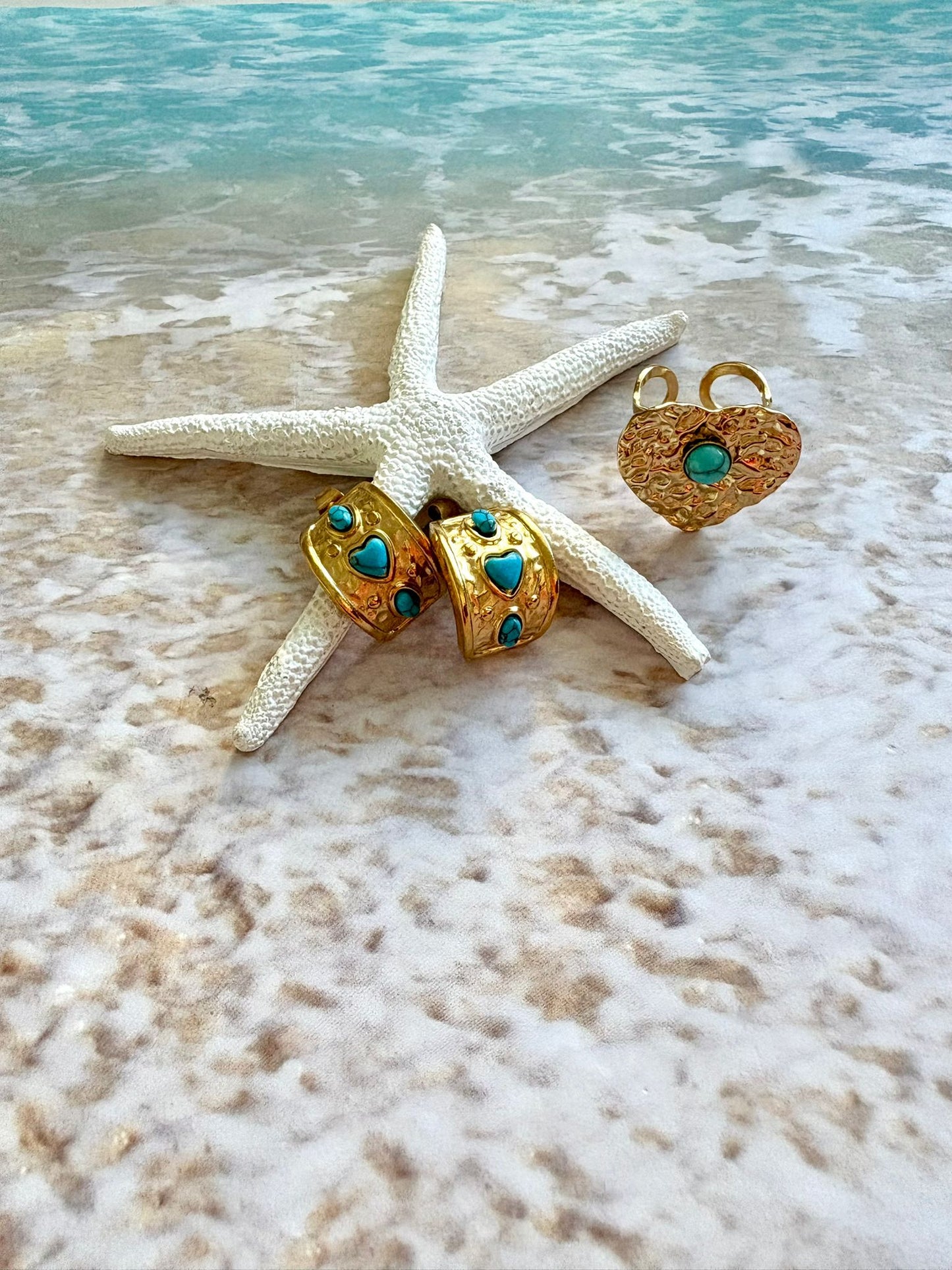 Juego de Aretes y anillos turquesa corazón