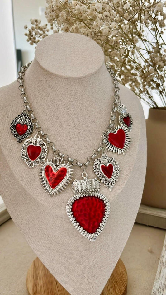 Collar Corazones Rojos en plateado