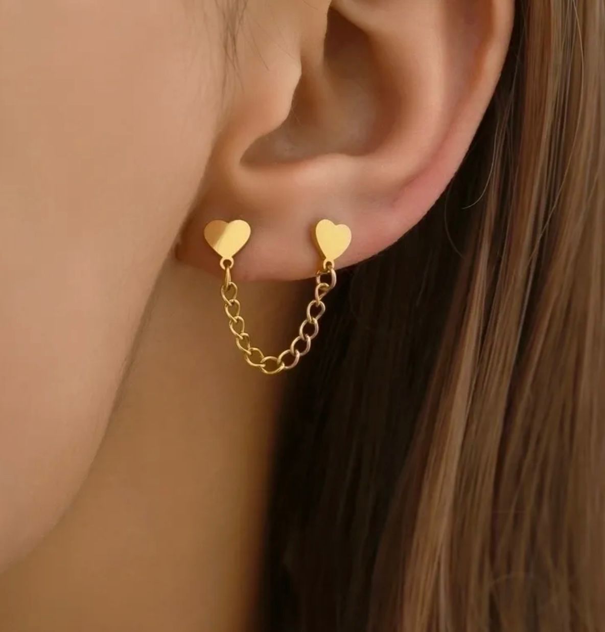 Aretes cadena doble corazón