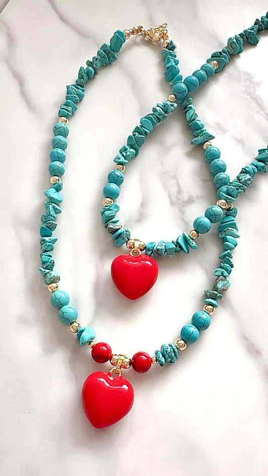 Collares Turquesa corazon Rojo